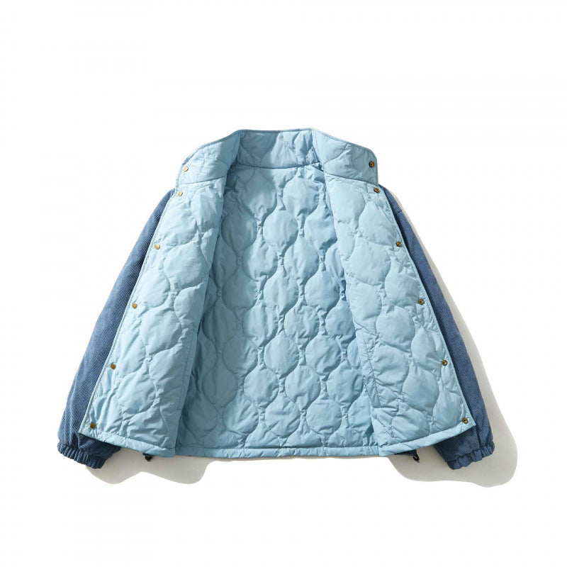 Men's Quilted Cord Jacket with Stand Collar, Snap Button Closure and Elastic Hem Fashion Glam