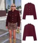 Women's Short Cut Military Inspired Wool Jacket with Stand-Up Collar, Epaulettes and Gold Button Details Fashion Glam