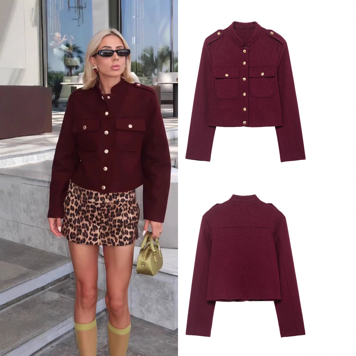 Women's Short Cut Military Inspired Wool Jacket with Stand-Up Collar, Epaulettes and Gold Button Details Fashion Glam