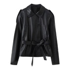 Women's Short Tailored Faux Leather Jacket with Ties and Shirt Collar Fashion Glam