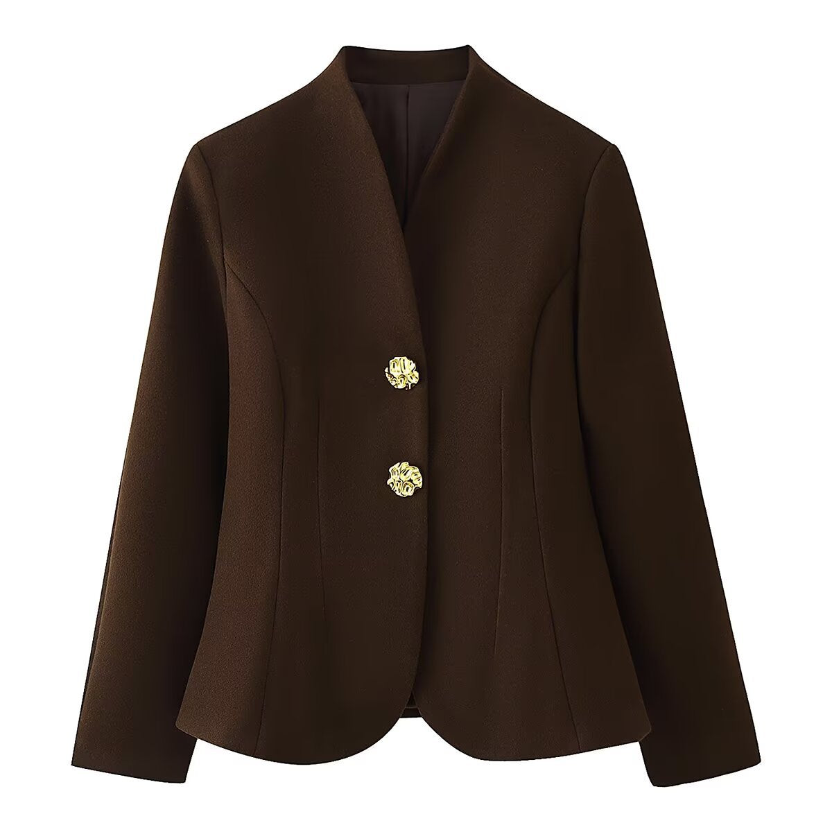 Women's Tailored Blazer with Stand Collar and Decorative Gold Buttons Fashion Glam