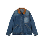 Men's Boxy Denim Jacket in Worker Style with Cord Collar and Front Zipper Fashion Glam