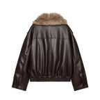 Women's Short Cut Biker Leather Jacket with Voluminous Faux Fur Shawl Collar Fashion Glam