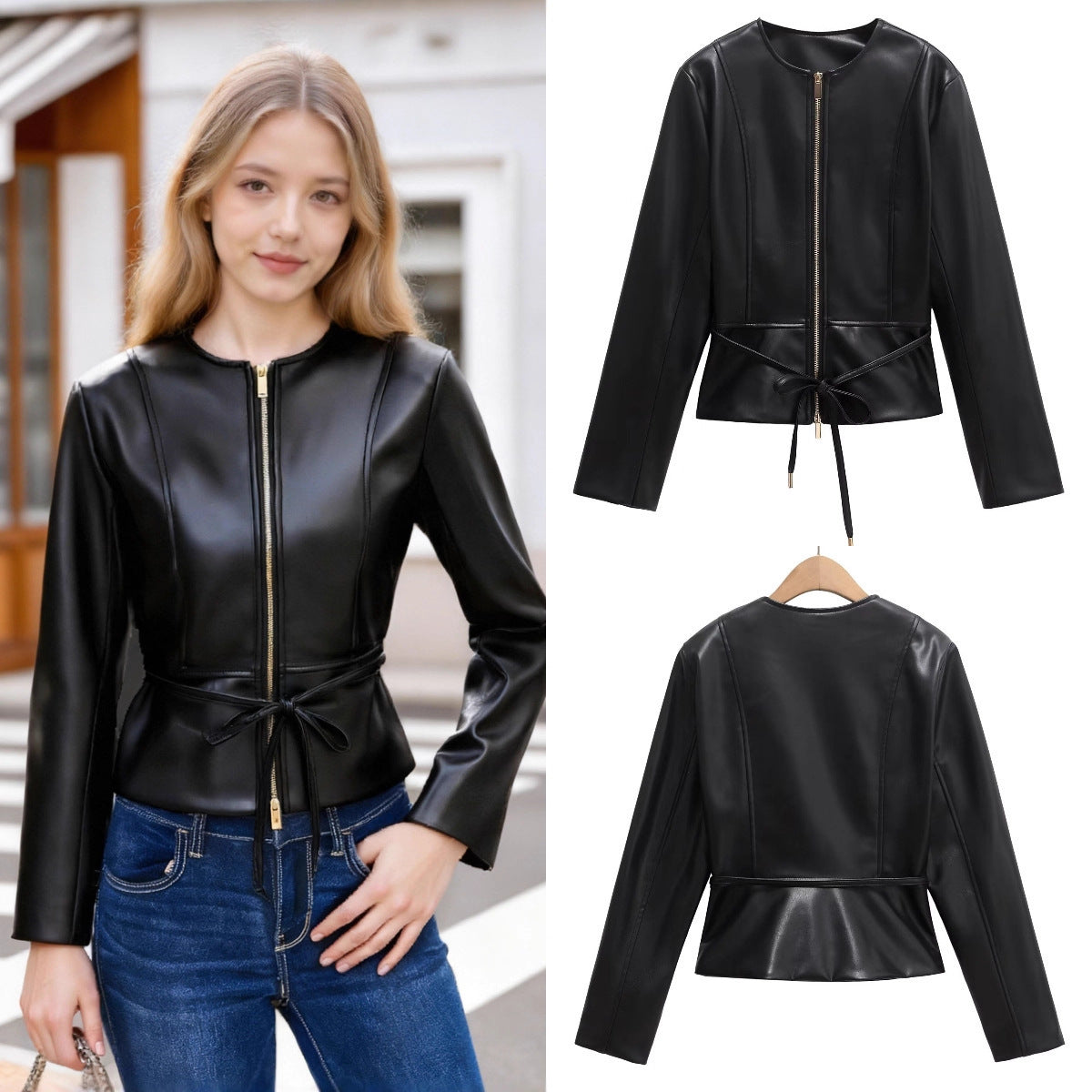 Women's Collarless Faux Leather Jacket with Zipper and Waistband Fashion Glam