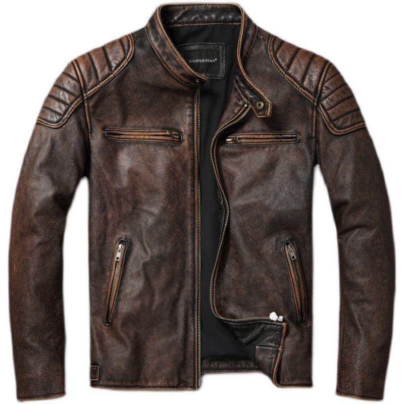 Men's Vintage Biker Leather Jacket with Stand Collar and Quilted Shoulder Padding Fashion Glam