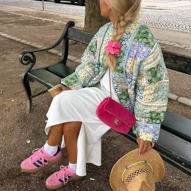 Ladies quilted patchwork quilted jacket with open shawl collar and patch pockets Fashion Glam