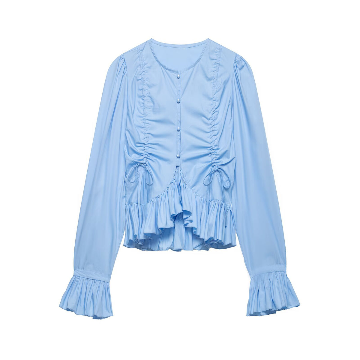 Women Ruffled Blouse with Drawstring, Balloon Sleeves and Ruffle Hem Fashion Glam