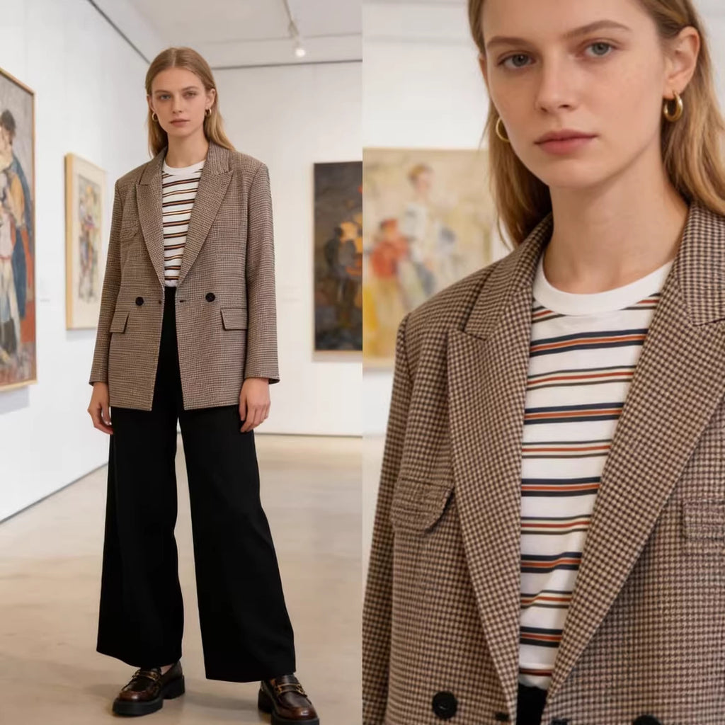 Women's Double-Breasted Oversized Blazer with Houndstooth Check and Flap Pockets Fashion Glam
