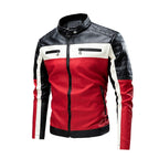 Men's biker leather jacket in colorblock design with padded shoulder section and stand-up collar Fashion Glam