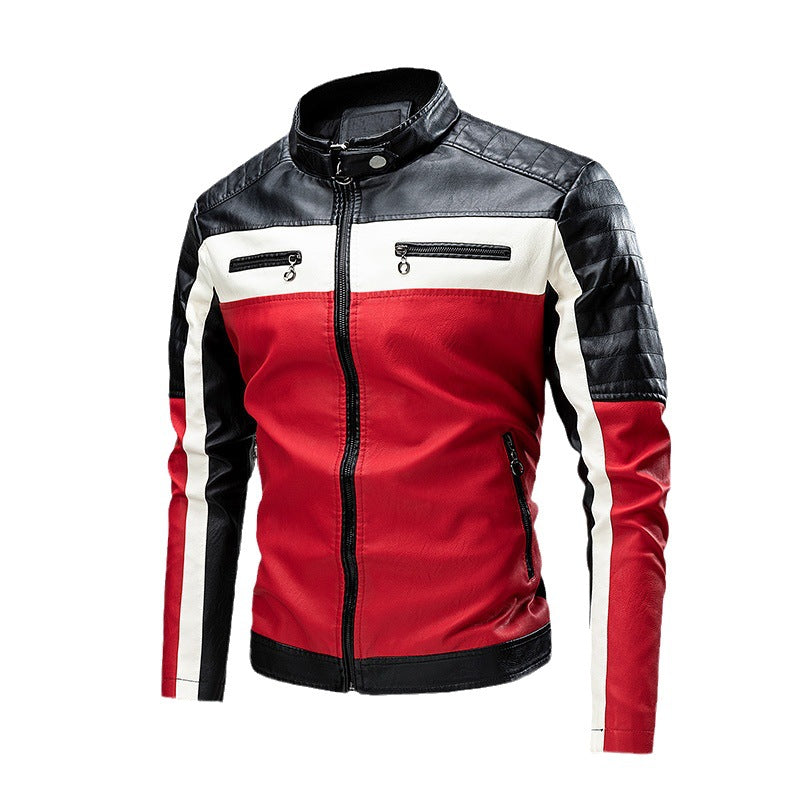 Men's biker leather jacket in colorblock design with padded shoulder section and stand-up collar Fashion Glam