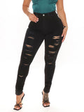 Ladies high-waisted sculpting skinny jeans with heavy destroy design and stretch waistband Fashion Glam