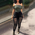 Women's High-Waisted Superstretch Jeans with Frayed Cutouts and Sculpting Waistband Fashion Glam