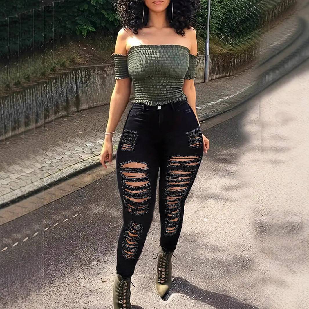 Women's High-Waisted Superstretch Jeans with Frayed Cutouts and Sculpting Waistband Fashion Glam