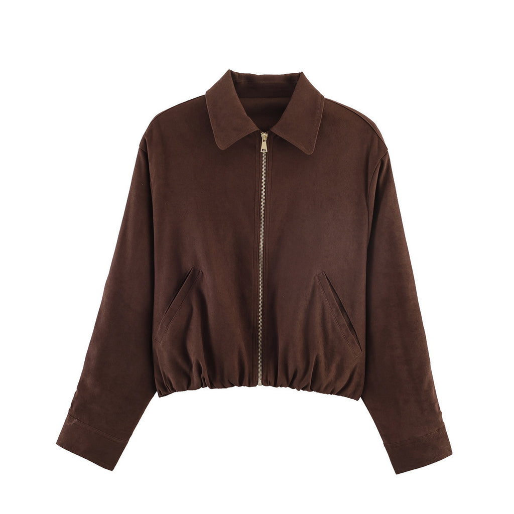 Women's short velor bomber jacket with shirt collar, zipper and elastic hem Fashion Glam