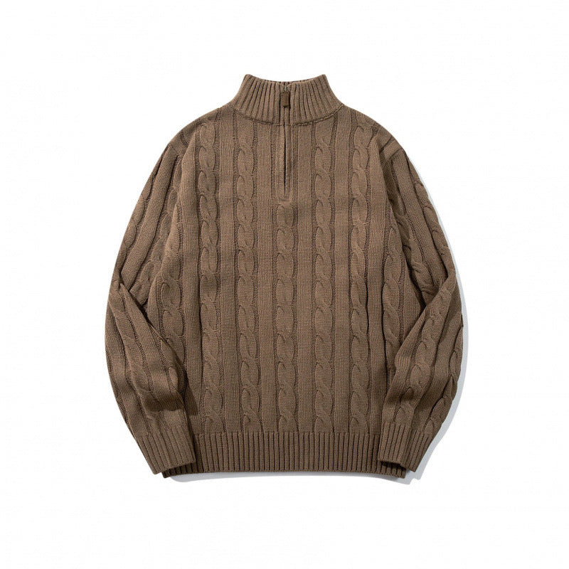 Unisex Coarse Knitted Half-Zip Cable Pattern Sweater with Stand-Up Collar and Ribbed Edges Fashion Glam