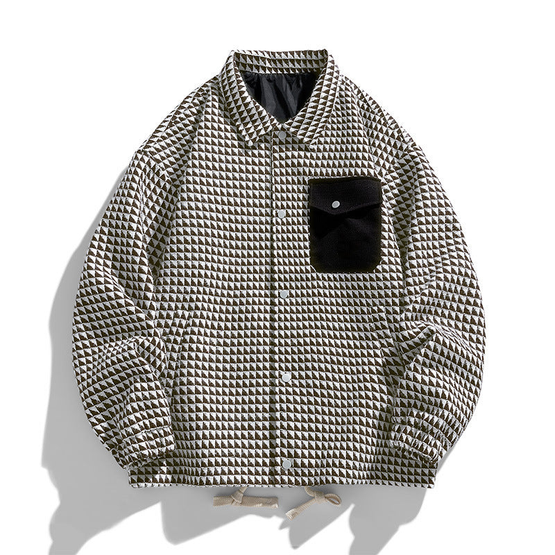 Men's Padded Coach Jacket with Geometric Pattern and Contrast Chest Pocket Fashion Glam