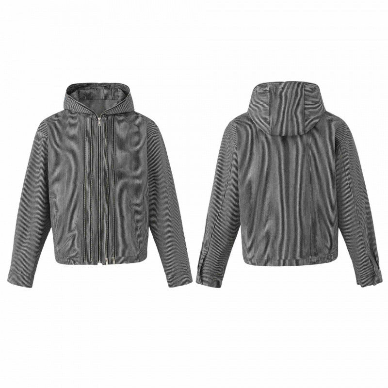 Unisex hooded jacket in boxy cut with double zipper and pinstripe look Fashion Glam