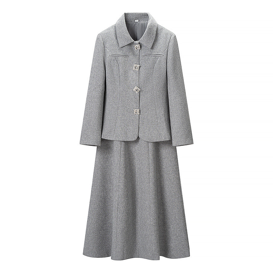 Women's two-piece wool blend suit with fitted short blazer and A-line midi skirt Fashion Glam