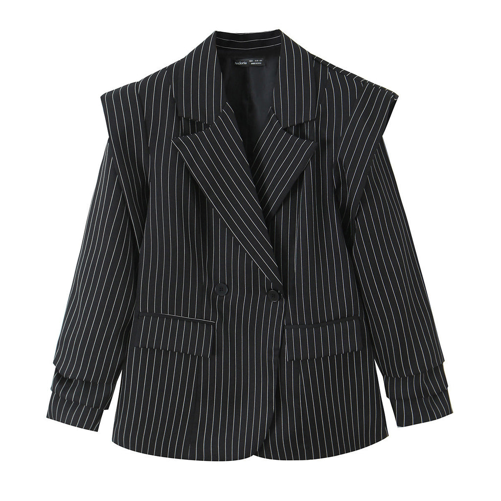 Women Double-breasted Oversized Blazer with Pinstripes and Distinctive Shoulder Pads Fashion Glam