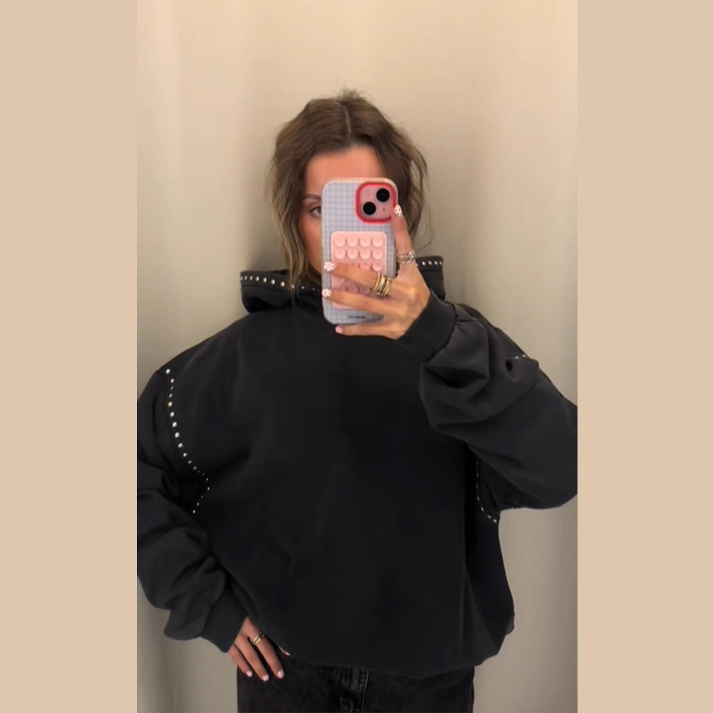 Women's Oversized Hoodie with Studded Decoration and Ribbed Cuffs Fashion Glam