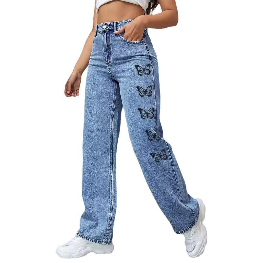 Ladies High-Waist Loose-Fit Denim Pants with Side Butterfly Print Fashion Glam