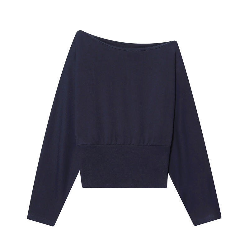 Women's Off-Shoulder Cropped Sweatshirt with Wide Boat Neck and Waistband Fashion Glam