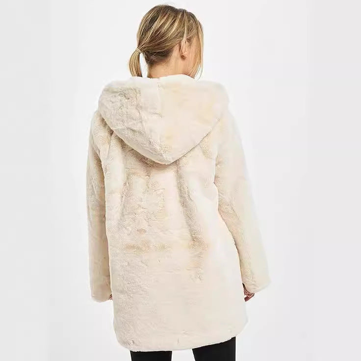 Women's Midi Length Faux Fur Coat with Hood, Teddy Finish and Concealed Button Placket Fashion Glam