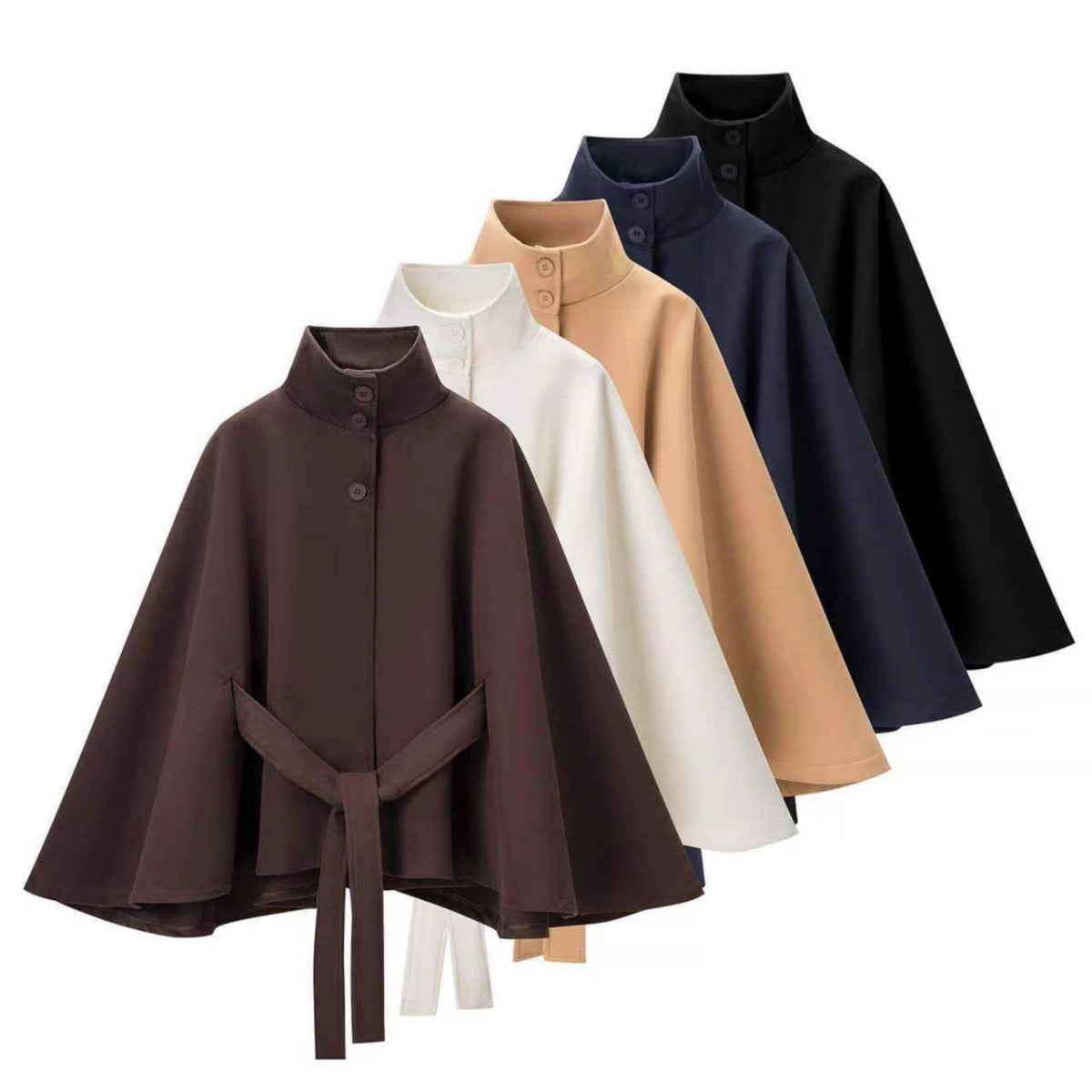 Women's Short Cape Coat with Stand-Up Collar, Concealed Button Placket and Tie Belt Fashion Glam