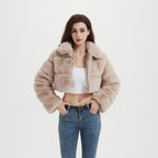 Women Cropped Faux Fur Jacket with Horizontal Volume Panels, Stand-Up Lapel Collar and Zipper Fashion Glam