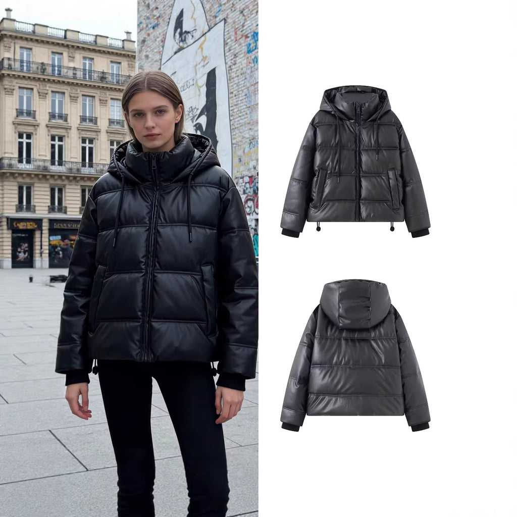 Women's Short Quilted Faux Leather Puffer Jacket with Hood, Drawstring and Side Pockets Fashion Glam