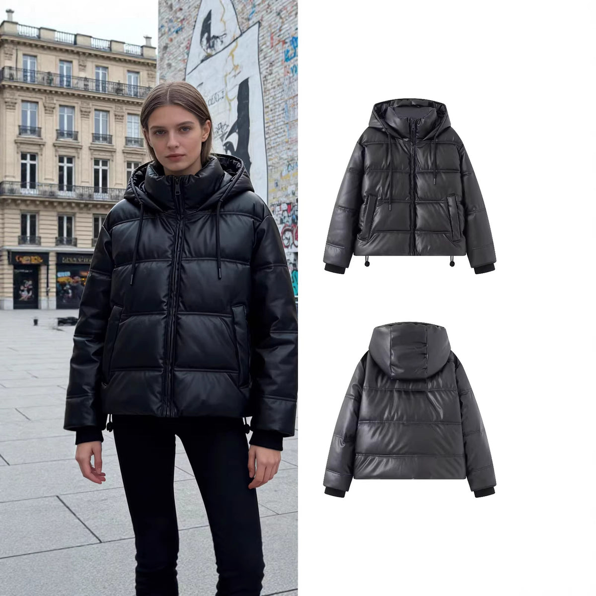 Women's Short Quilted Faux Leather Puffer Jacket with Hood, Drawstring and Side Pockets Fashion Glam