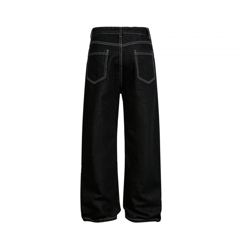 Women's Wide High-Waist Denim Jeans with Asymmetric Button Placket and Contrast Stitching Fashion Glam