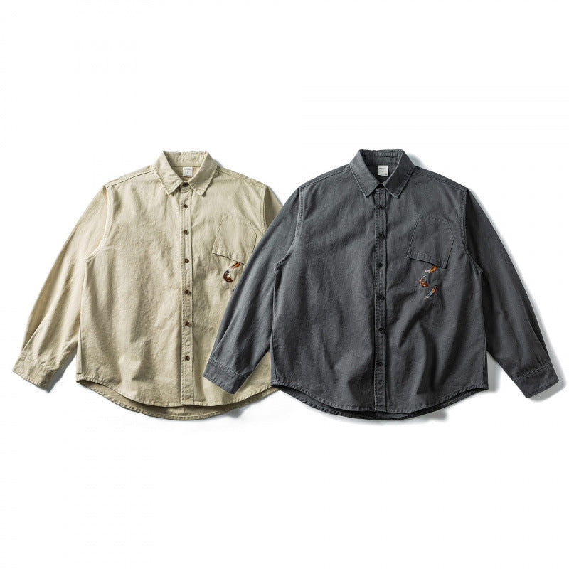 Unisex Oversize Shirt Jacket made of Canvas Cotton Blend with Chest Pocket and Decorative Embroidery Fashion Glam