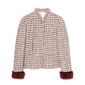 Women's Short Blazer made of Boucle Tweed with Stand-Up Collar and Faux Fur Cuffs Fashion Glam