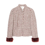 Women's Short Blazer made of Boucle Tweed with Stand-Up Collar and Faux Fur Cuffs Fashion Glam