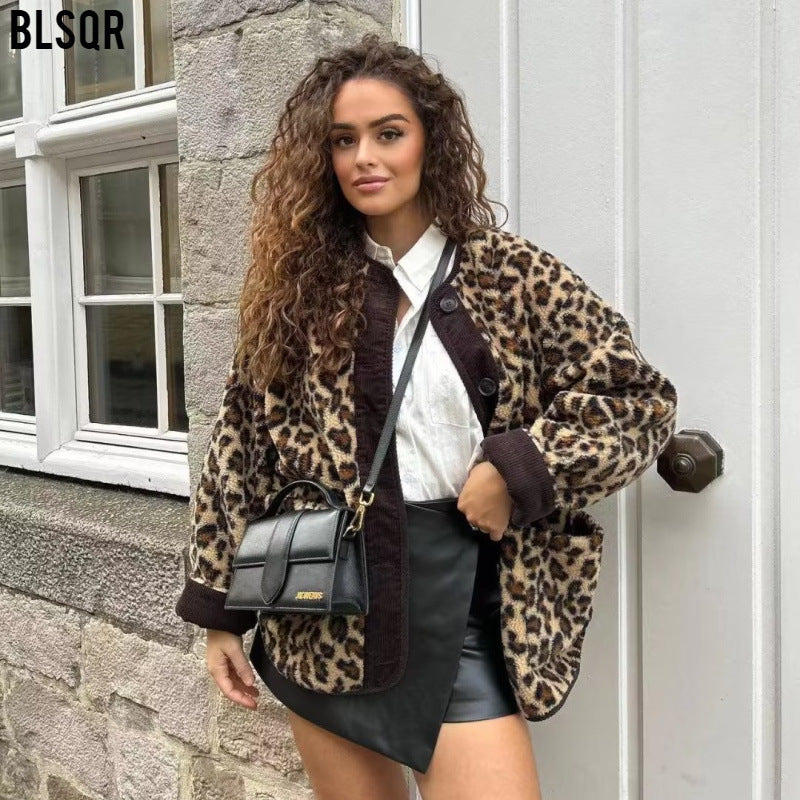 Women's Oversized Faux Fur Jacket in Leopard Print with Cord Trim and Patch Pockets Fashion Glam