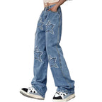 Women's extra-wide baggy jeans made of lightweight denim with star appliqués and extended silhouette Fashion Glam
