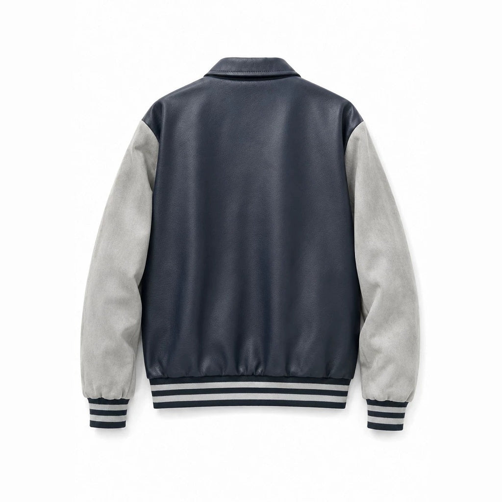 Men's varsity bomber jacket in collegiate style with faux leather body, suede look sleeves and embroidered patches Fashion Glam