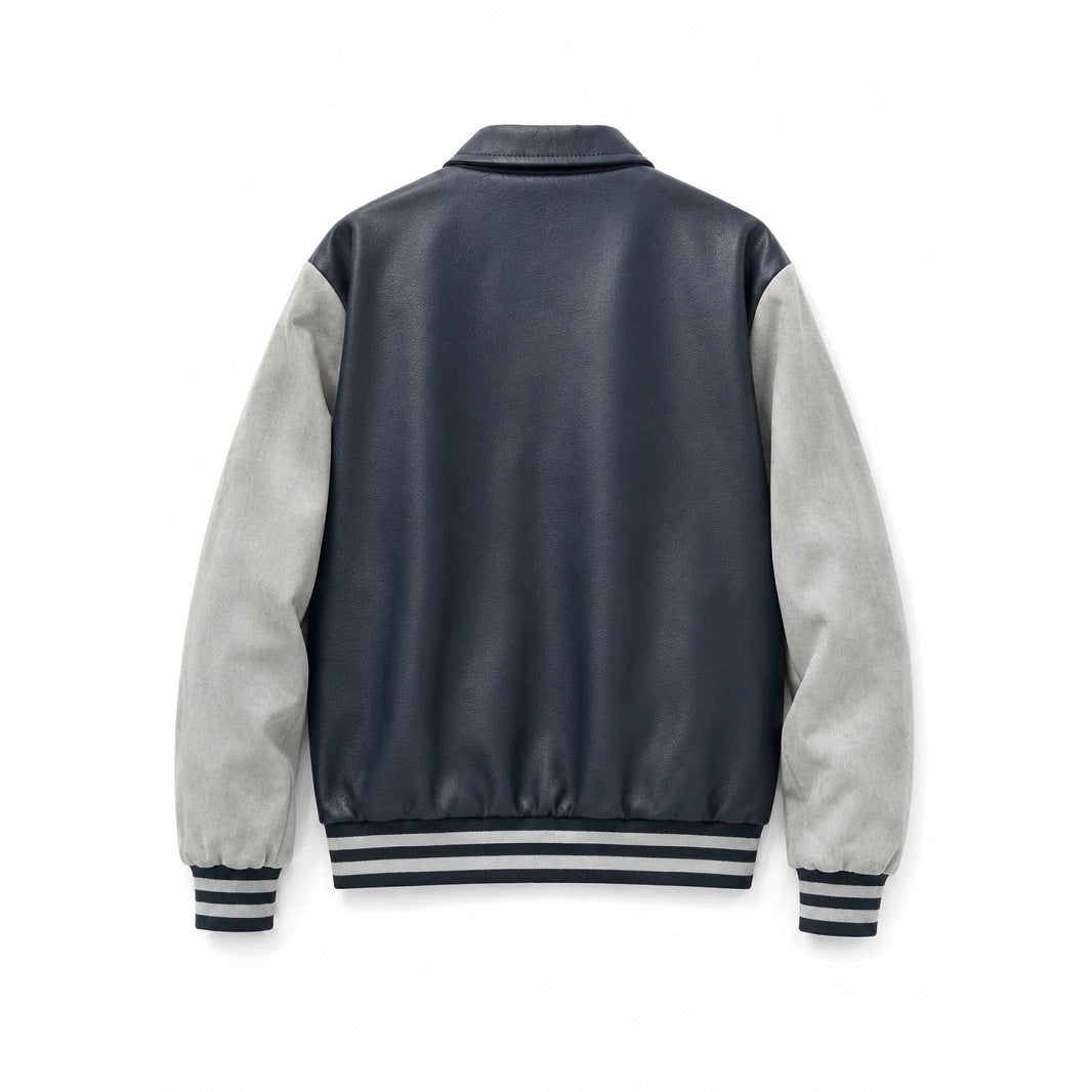 Men's varsity bomber jacket in collegiate style with faux leather body, suede look sleeves and embroidered patches Fashion Glam