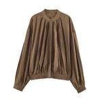 Women's Light Pleated Blouson Jacket with Stand-up Collar and Smocked Waist Fashion Glam