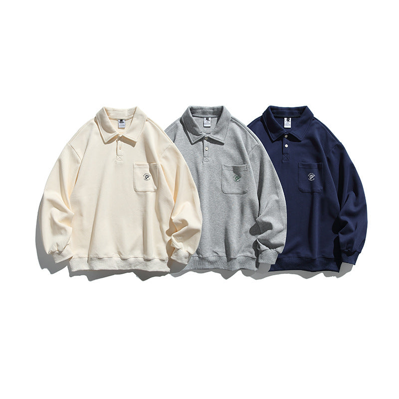 Unisex Oversize Polo Shirt Sweatshirt with Chest Pocket and Ribbed Hem Fashion Glam