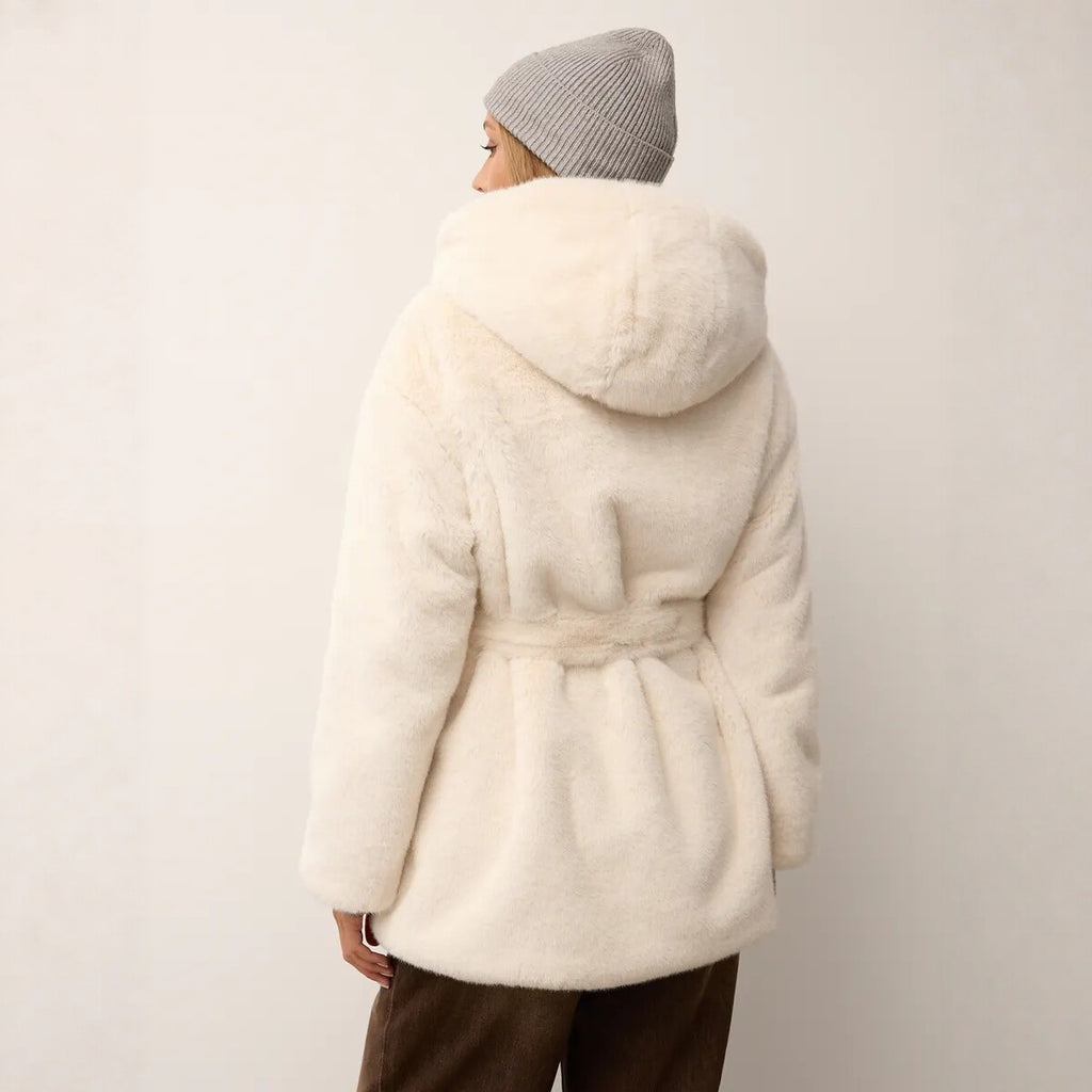 Women's Faux Fur Coat with Hood and Waist Belt Fashion Glam