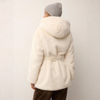 Women's Faux Fur Coat with Hood and Waist Belt Fashion Glam