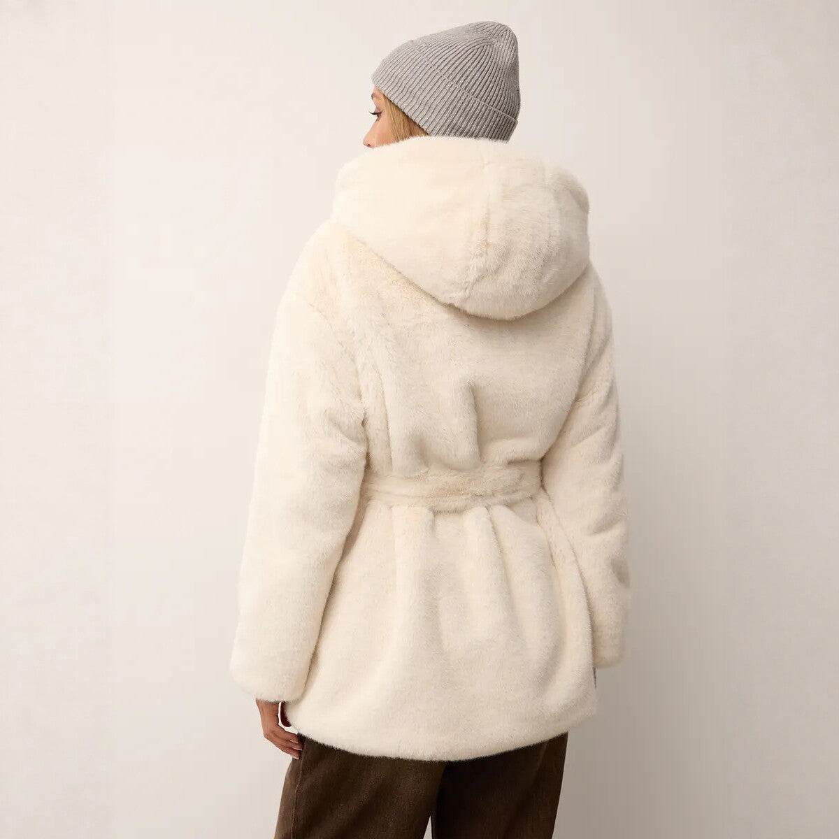 Women's Faux Fur Coat with Hood and Waist Belt Fashion Glam