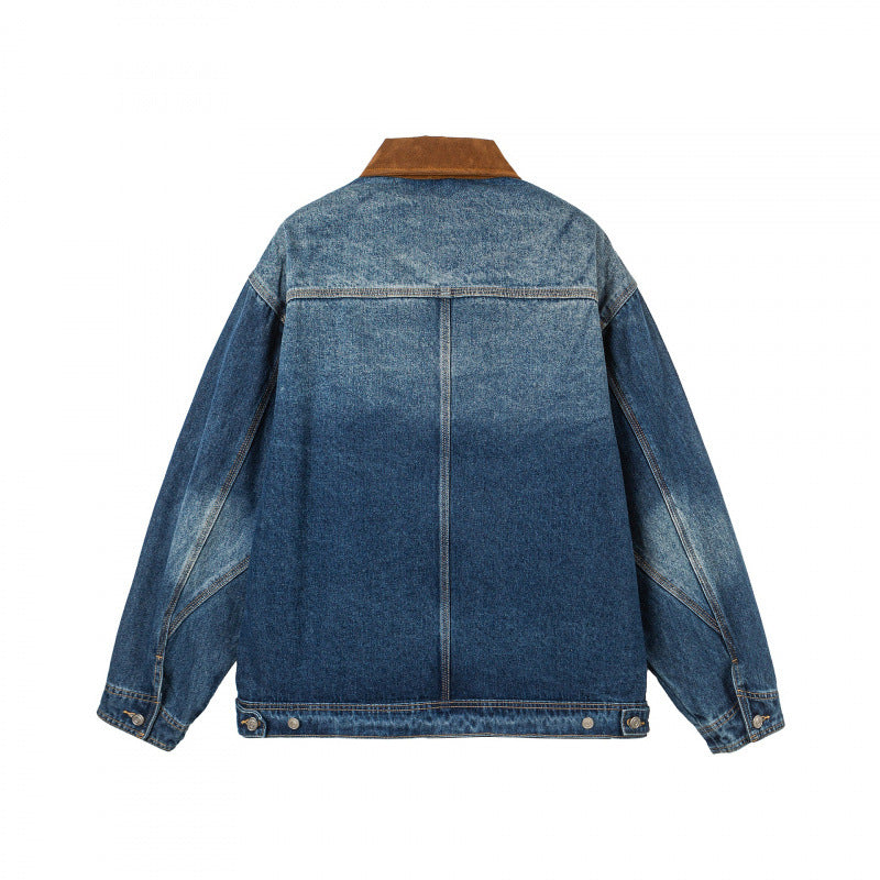 Men's Oversized Denim Jacket with Cord Collar and Diagonal Chest Pocket Detail Fashion Glam