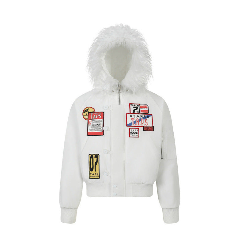 Women short-cut padded bomber jacket with faux fur hood and applied label patches Fashion Glam