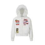 Women short-cut padded bomber jacket with faux fur hood and applied label patches Fashion Glam