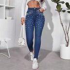Women's high-waisted shaping skinny jeans with pearl embellishment Fashion Glam