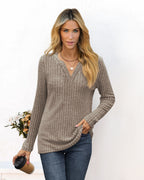 Ladies fine ribbed knit shirt with deep V-neck and tunic length Fashion Glam
