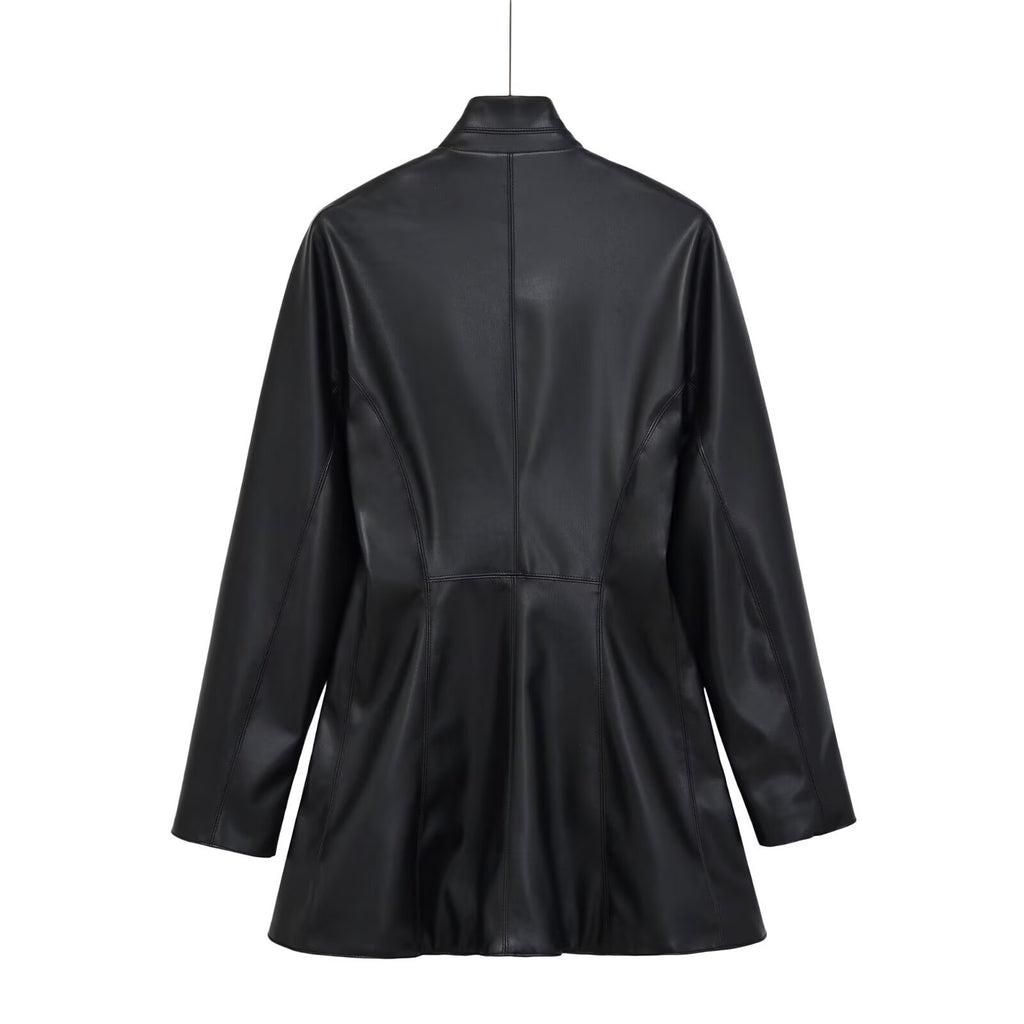 Women's tailored double-breasted faux leather midi coat with shawl collar and patch pockets Fashion Glam